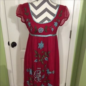 Red Empire Embroidered Dress in Turquoise & Green
